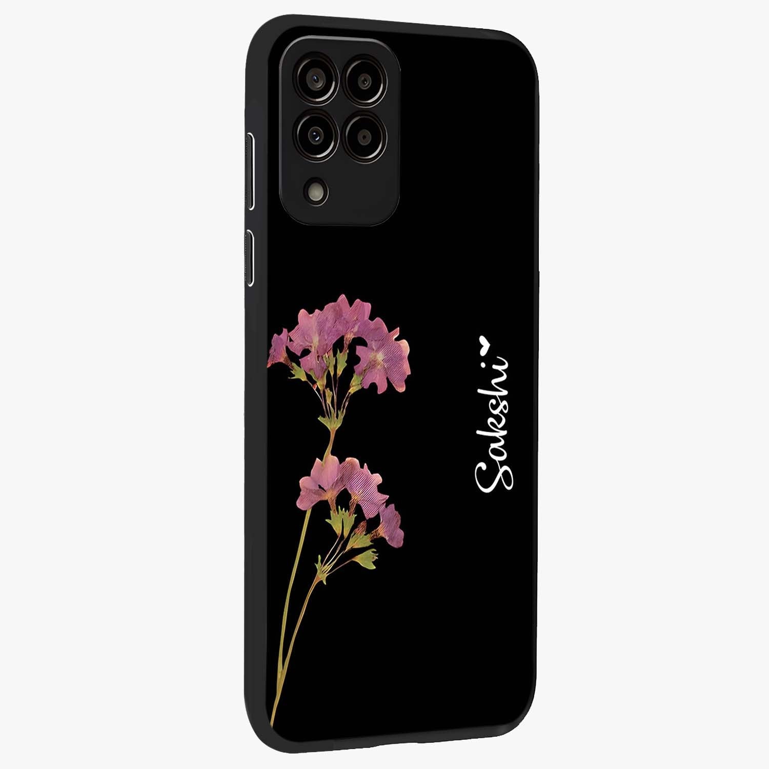 Riching Lavender Flower Custom Name Glass Case upright view showcasing elegant lavender floral artwork with personalized aesthetic.