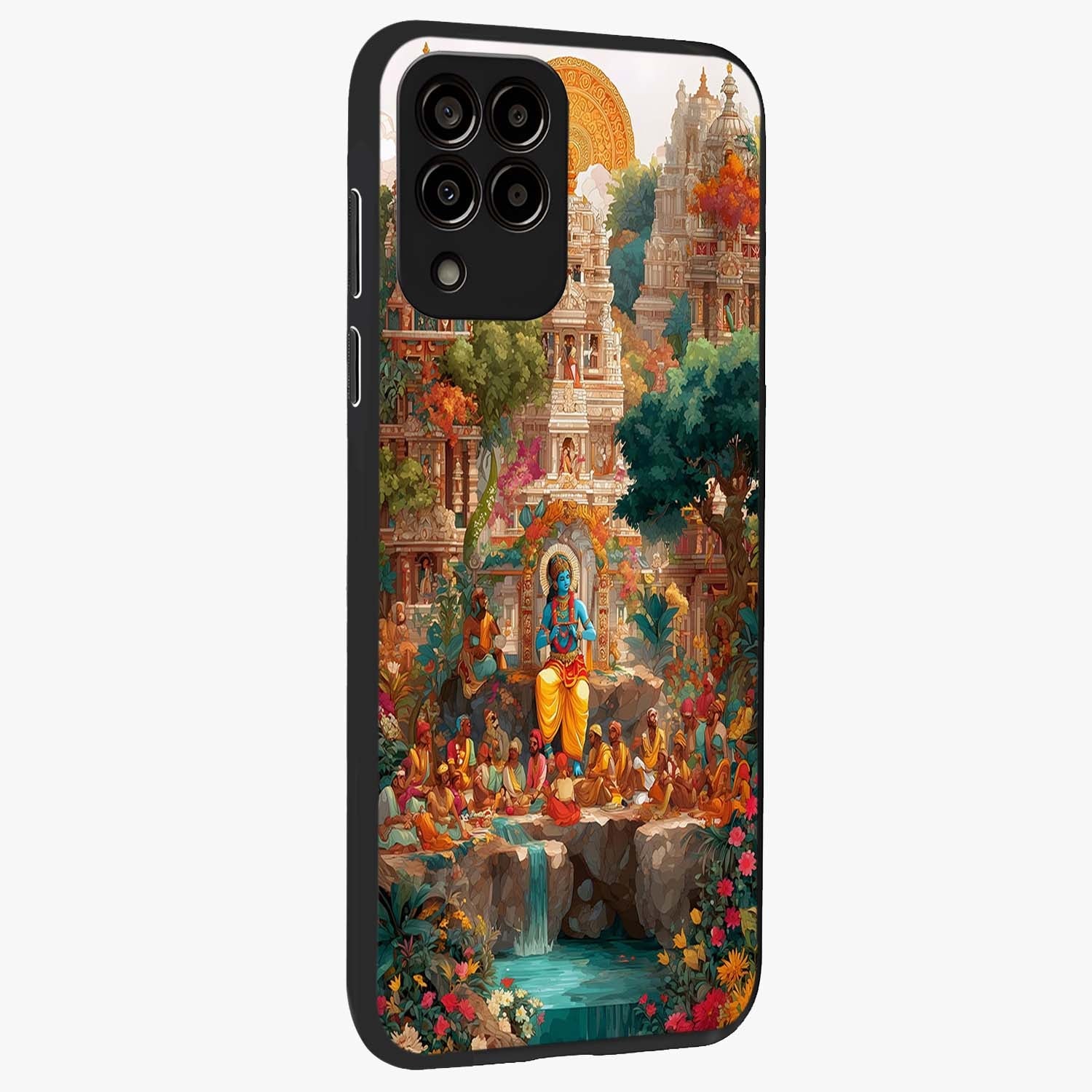 Sacred Sunlight Gods Glass Case upright view showcasing glowing divine artwork with sacred mythological theme.