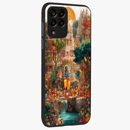 Sacred Sunlight Gods Glass Case upright view showcasing glowing divine artwork with sacred mythological theme.