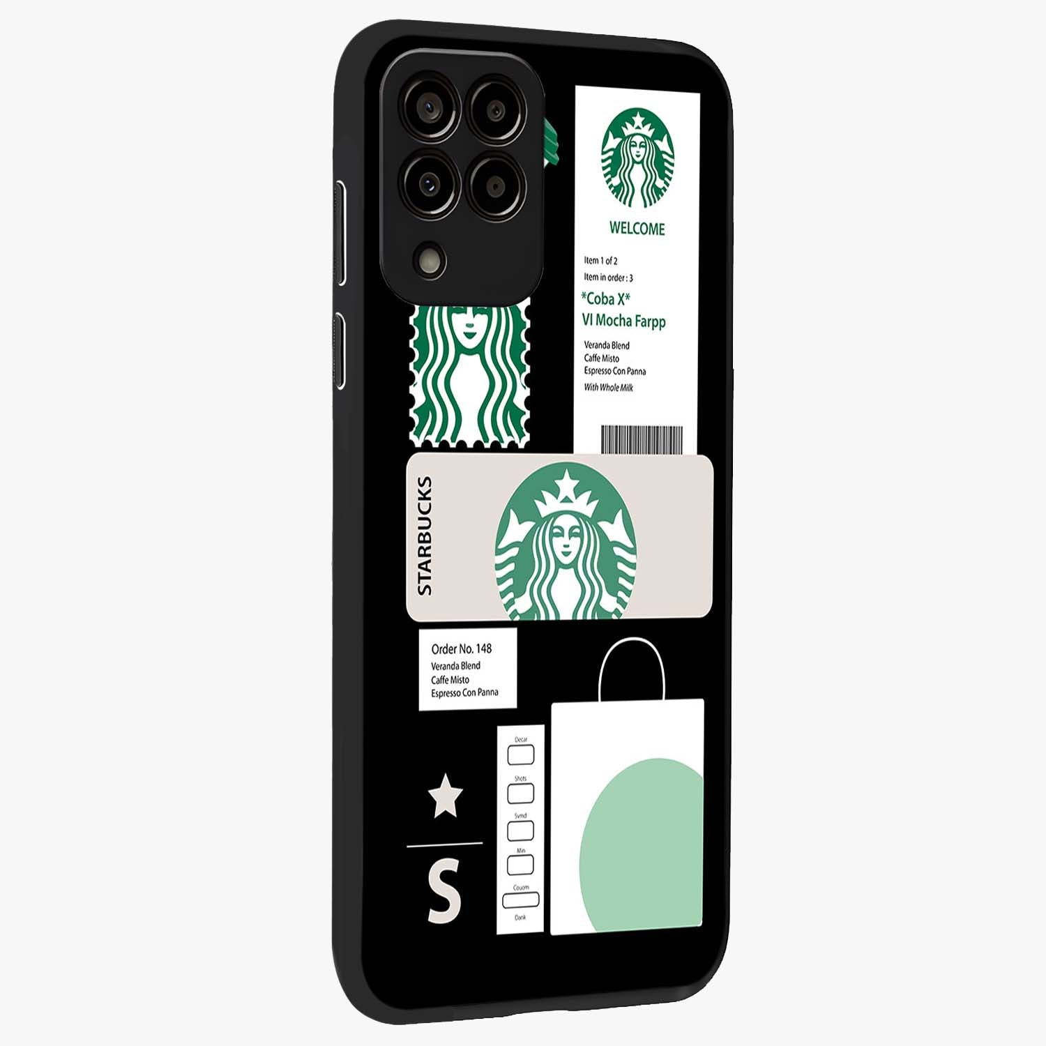 Starbucks Mocha Glass Case upright view showcasing trendy coffee inspired artwork with modern lifestyle theme.