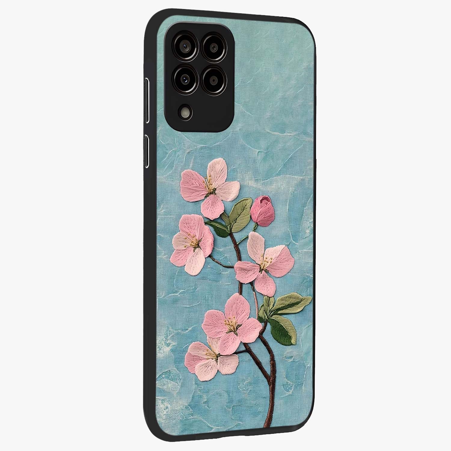 Threaded Blossom Breeze Glass Case upright view showcasing graceful flower artwork with calm botanical theme.