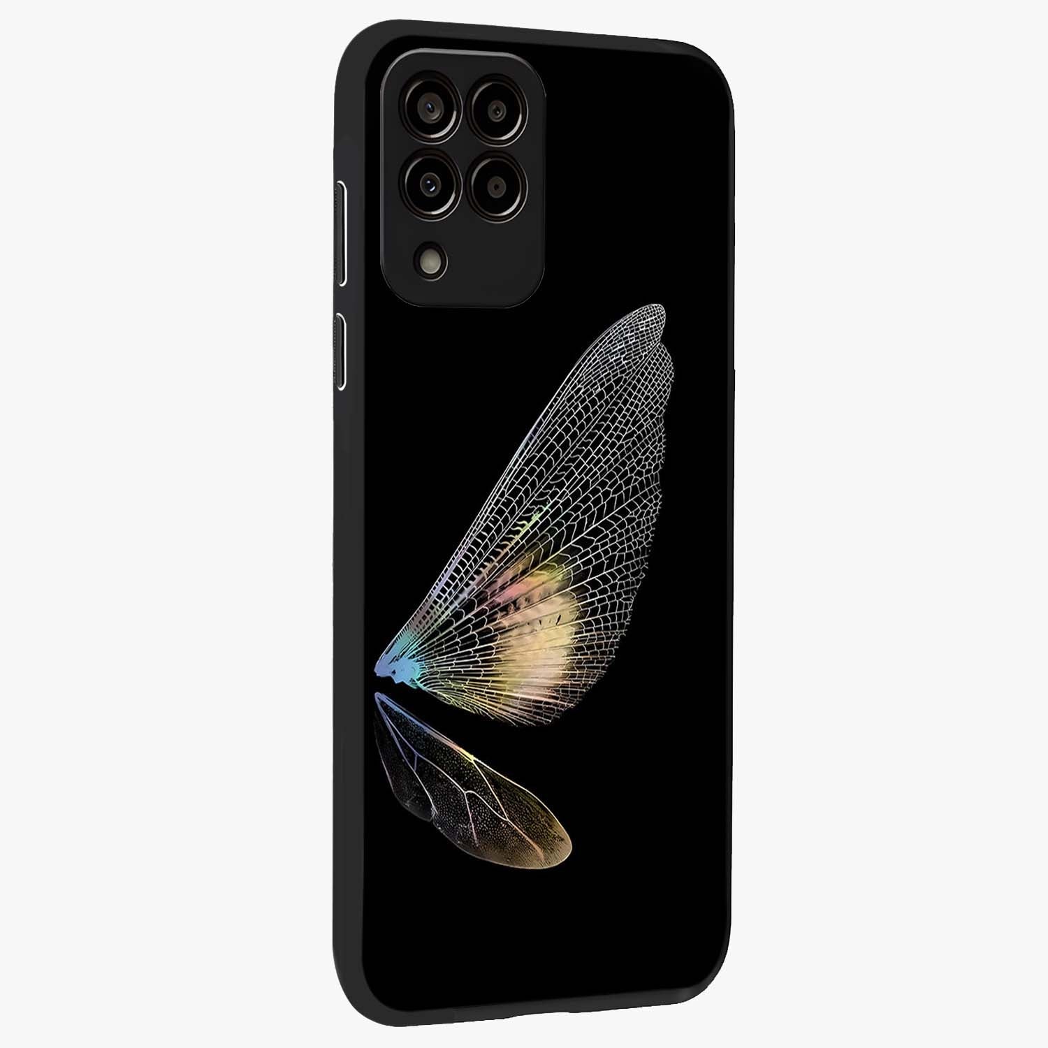 Whispers Of Wings Glass Case upright view showcasing elegant wing artwork with light airy theme.
