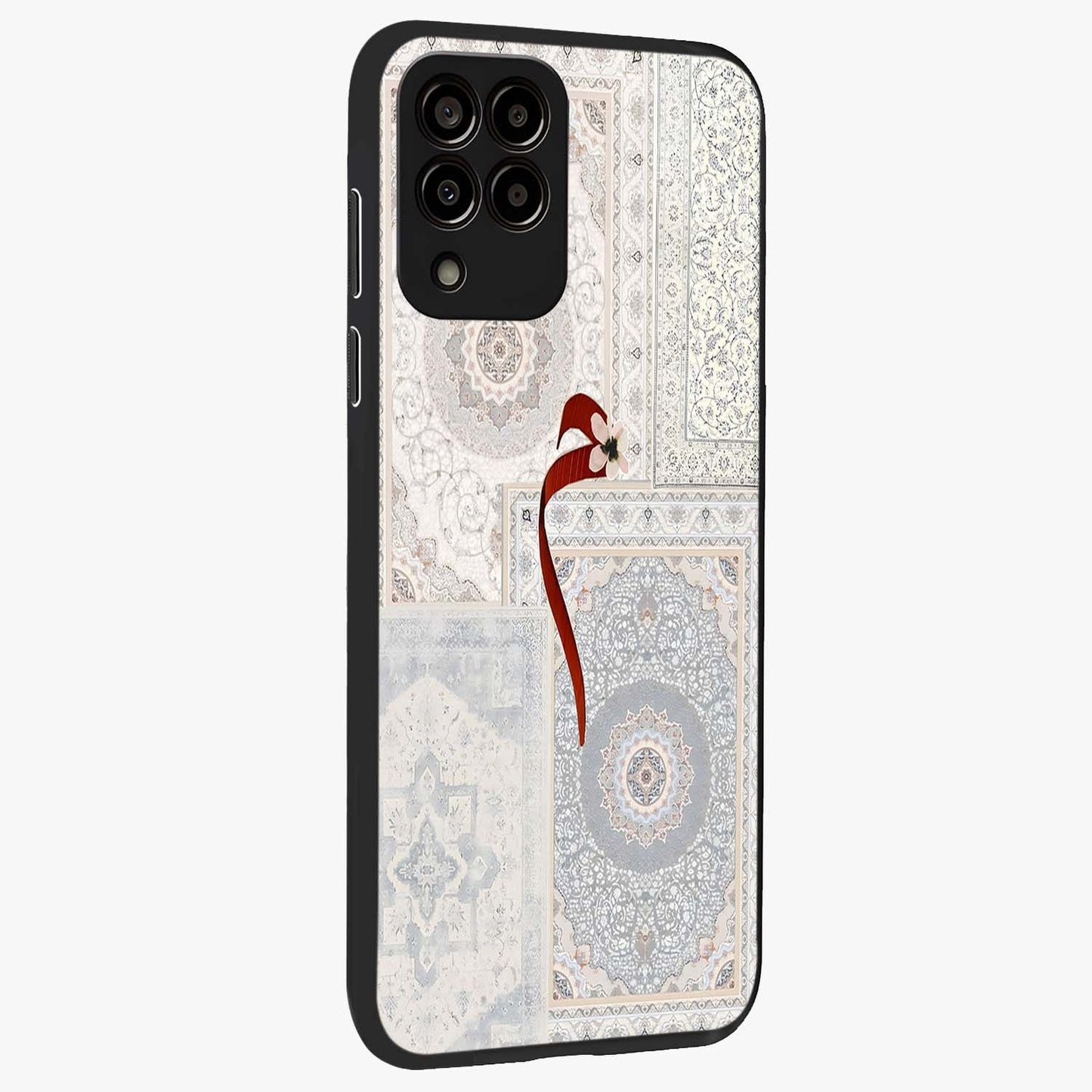 White Aesthetic Bow Glass Case upright view showcasing delicate ribbon bow artwork with cute minimalist theme.