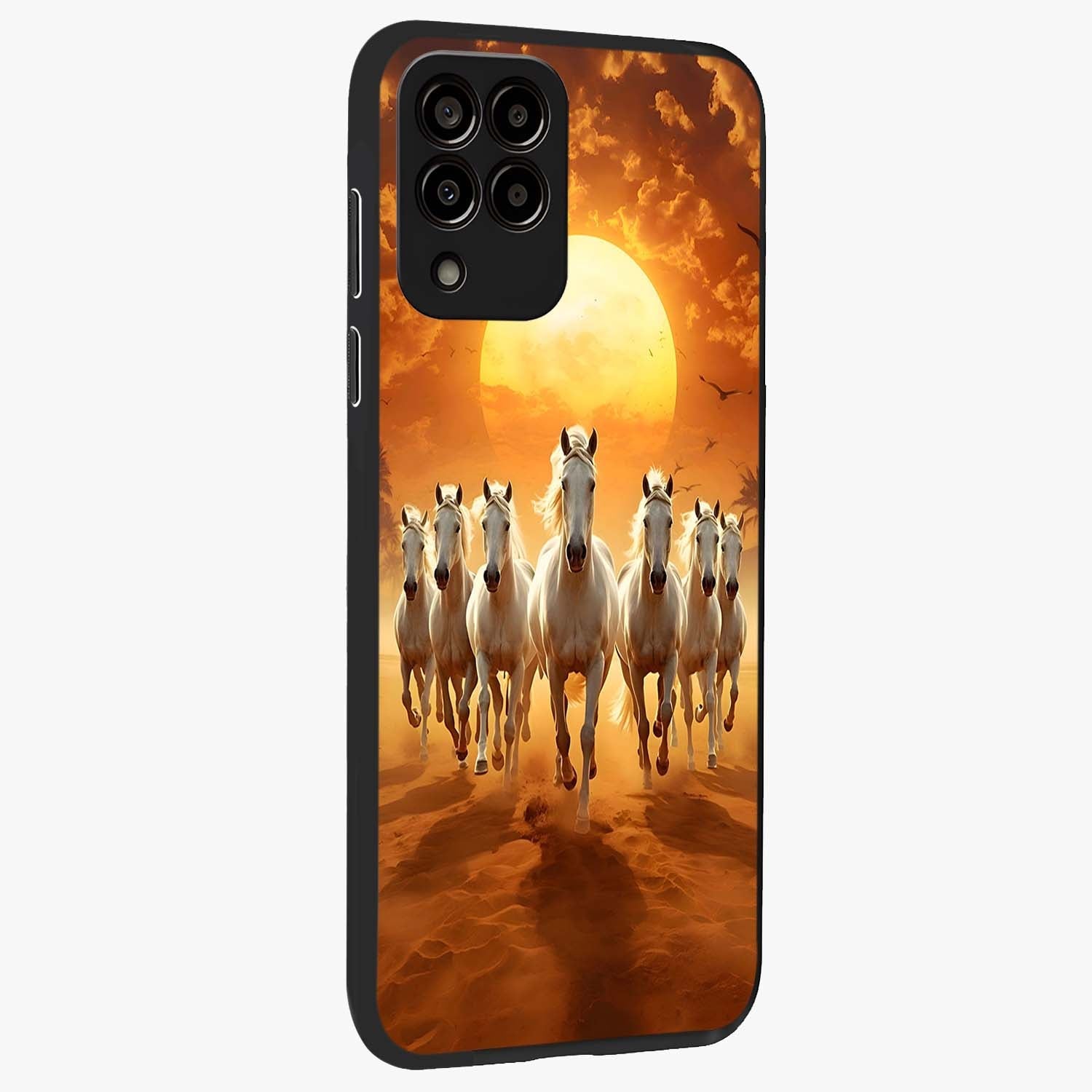 Wild Sunset Majesty Glass Case upright view showcasing dramatic sunset artwork with bold nature theme.