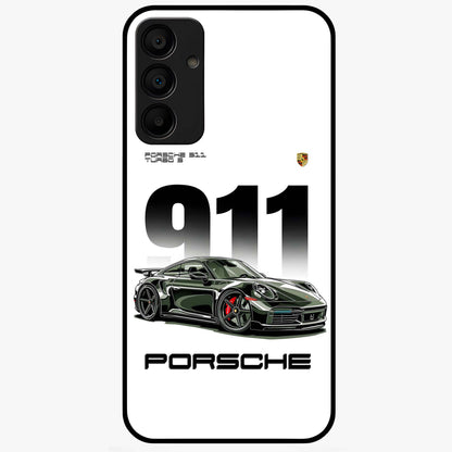 911 Turbo Dominance Glass Case showing clean flat back view with bold 911 sports car artwork and glossy glass finish.