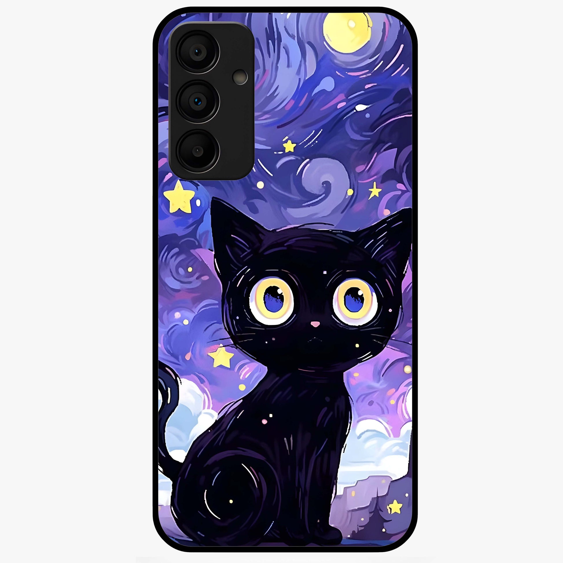 Abstract Cat Art Glass Case showing flat back view with artistic cat illustration and glossy glass finish.