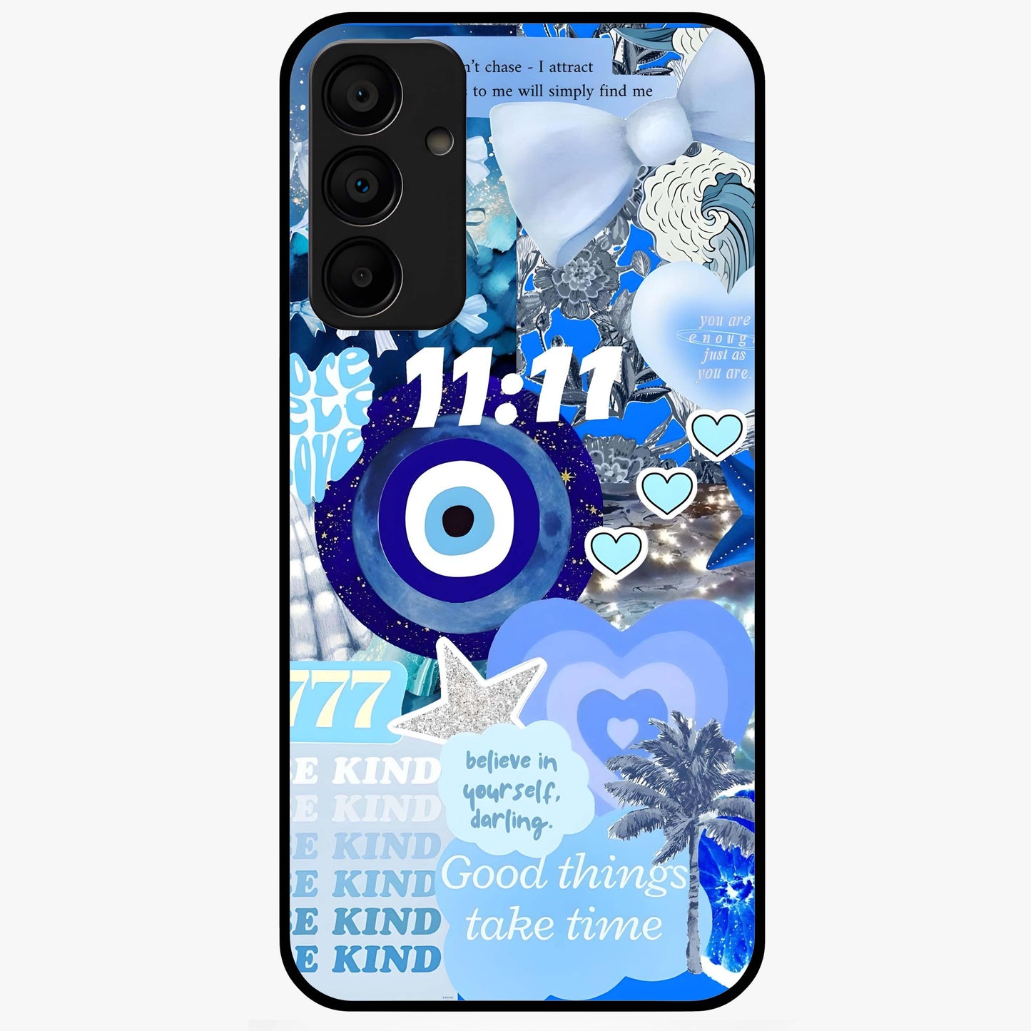 Aesthetic Be Kind Eye Glass Case showing flat back view with motivational eye artwork and glossy glass finish.