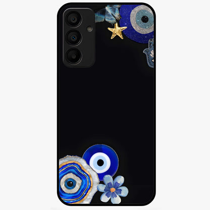 Aesthetic Blue Evil Eye Glass Case showing flat back view with protective evil eye artwork and glossy glass finish.