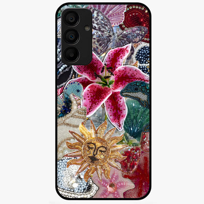Beaded Garden Fantasy Glass Case showing flat back view with dreamy garden bead artwork and glossy glass finish.