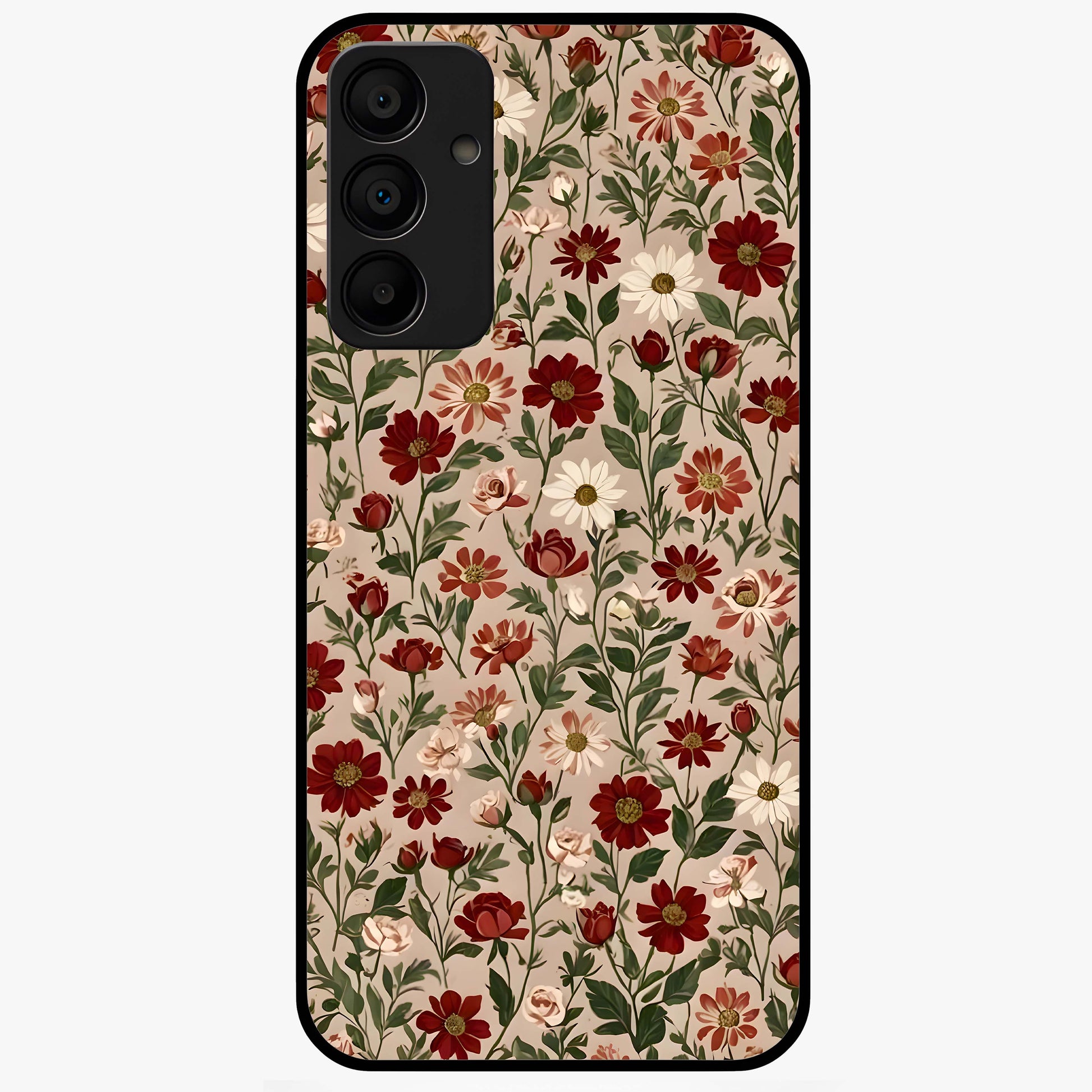 Biege Flower With Leaf Glass Case showing flat back view with soft beige floral artwork and glossy glass finish.