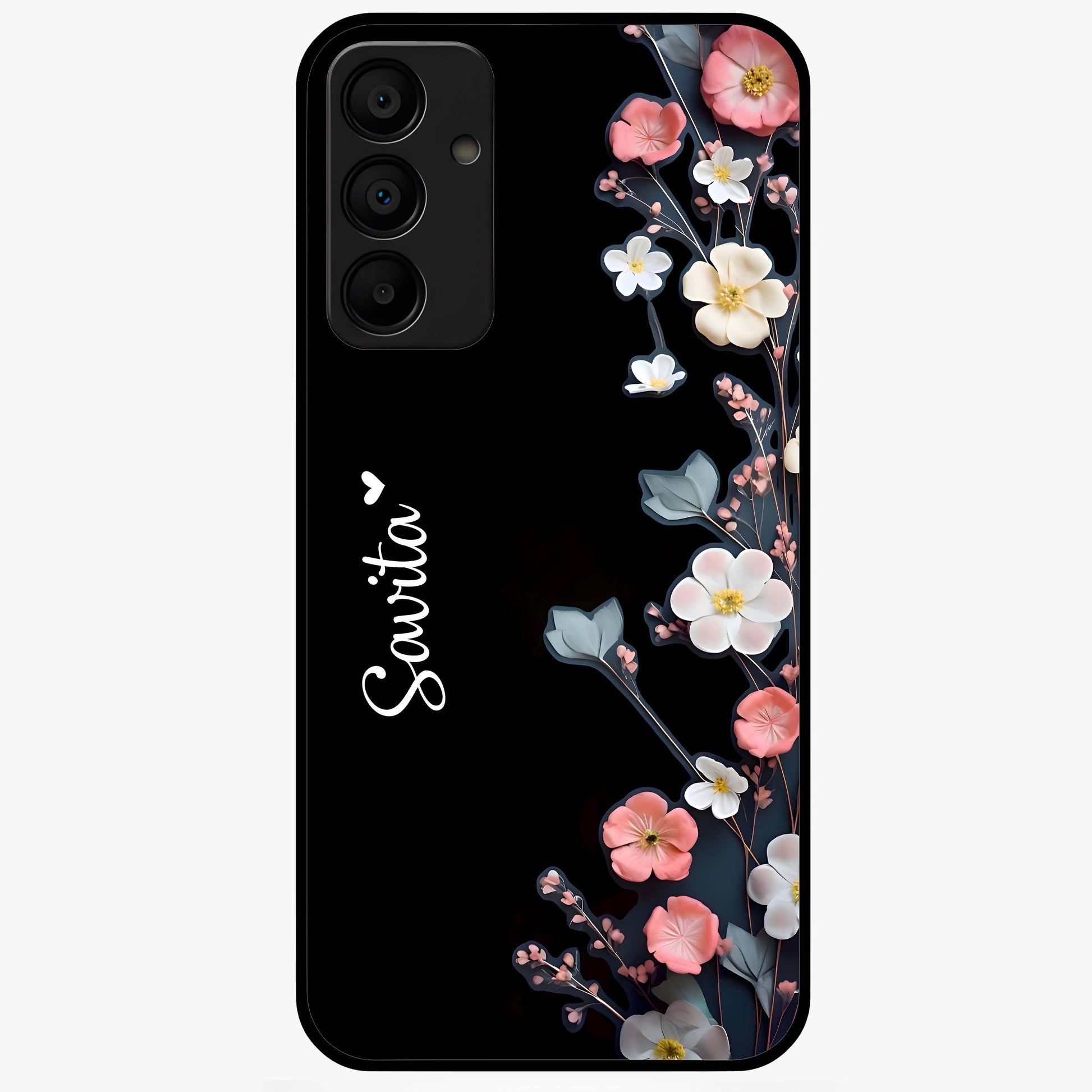 Black Elegance Floral Custom Name Glass Case showing flat back view with elegant floral artwork and personalized name design.