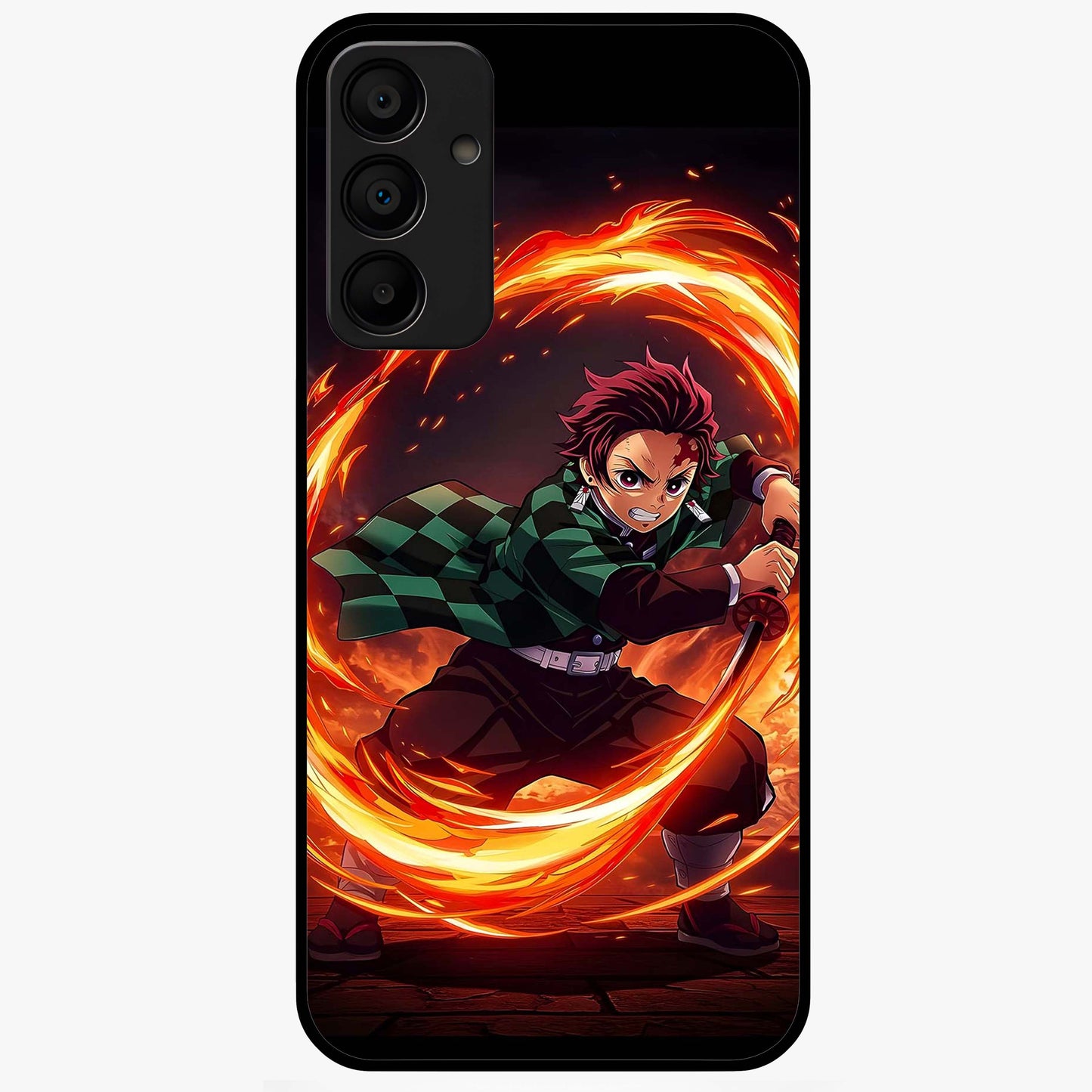 Blazing Sword Resolve Glass Case showing flat back view with fiery sword artwork and glossy glass finish.