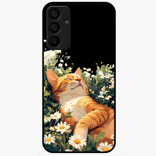 Blissful Bloom Cat Glass Case showing flat back view with cute cat and floral bloom artwork and glossy glass finish.