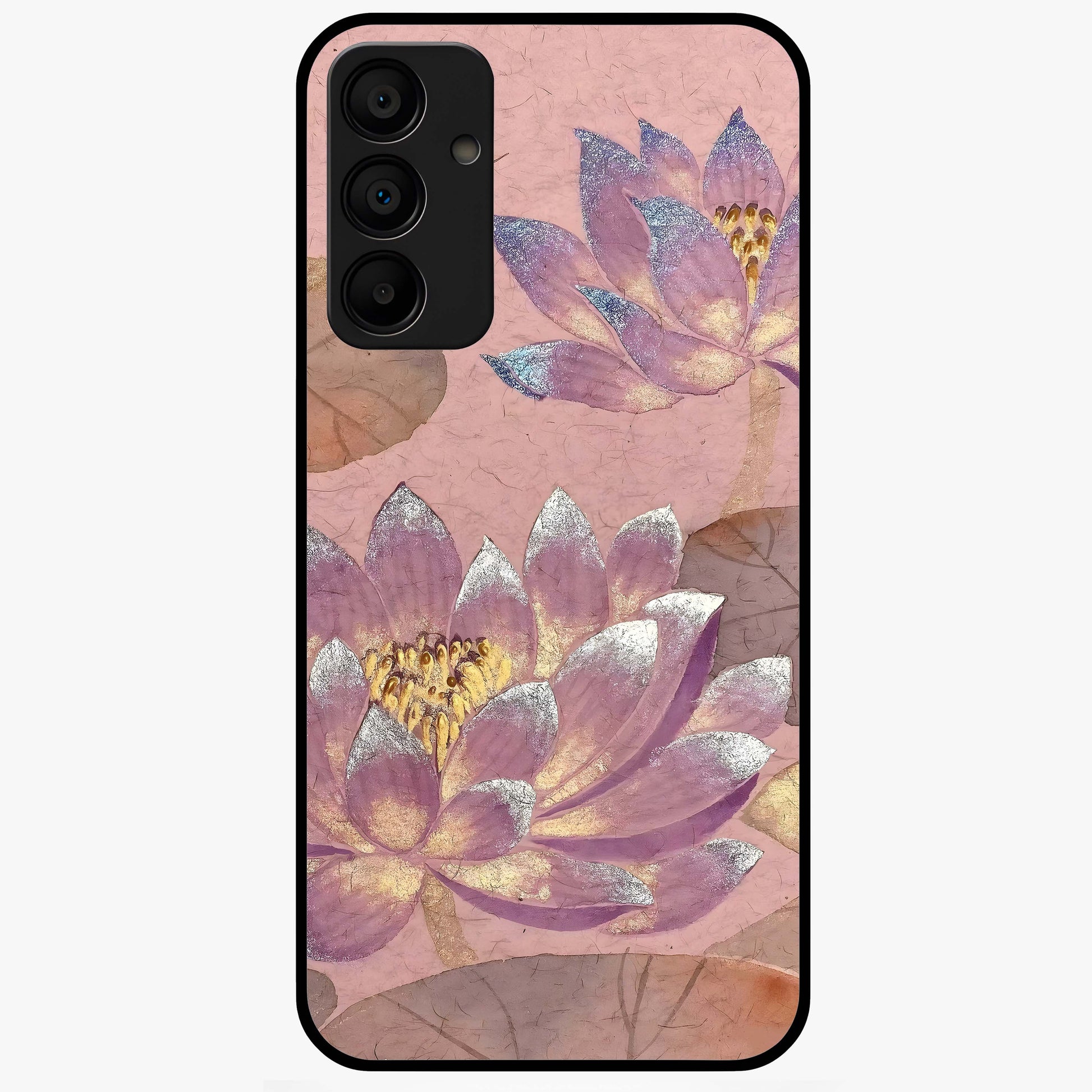 Blossom Mist Lotus Glass Case showing flat back view with serene lotus blossom artwork and glossy glass finish.