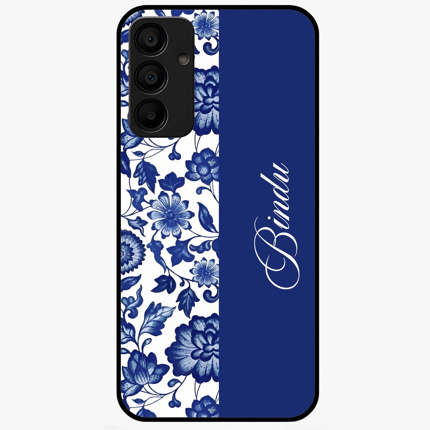 Blue Vintage Floral Pattern Glass Case upright view showcasing timeless floral illustration with vintage inspired style.