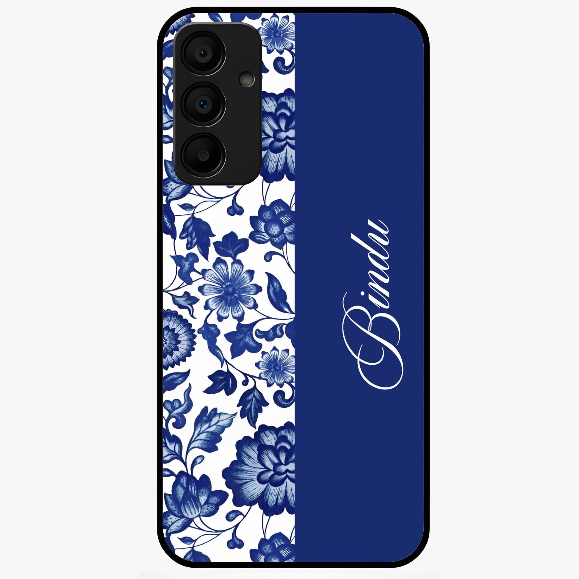 Blue Vintage Floral Pattern Glass Case upright view showcasing timeless floral illustration with vintage inspired style.