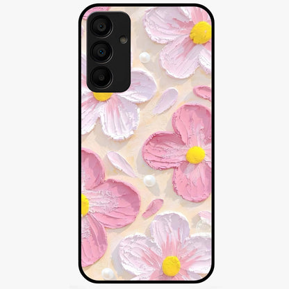 Blush Bloom Texture Glass Case showing flat back view with soft blush floral texture artwork and glossy glass finish.