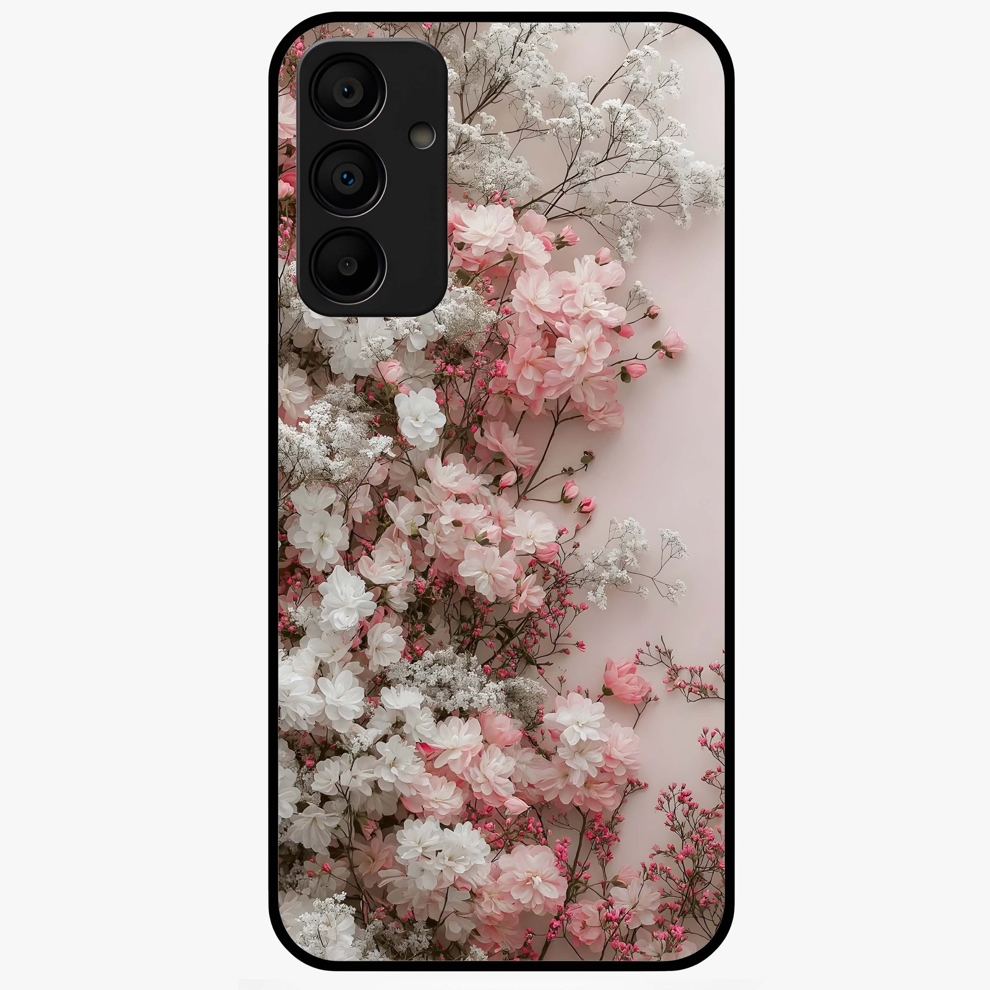 Blush Blossom Cloud Glass Case showing flat back view with dreamy blush cloud blossom artwork and glossy glass finish.