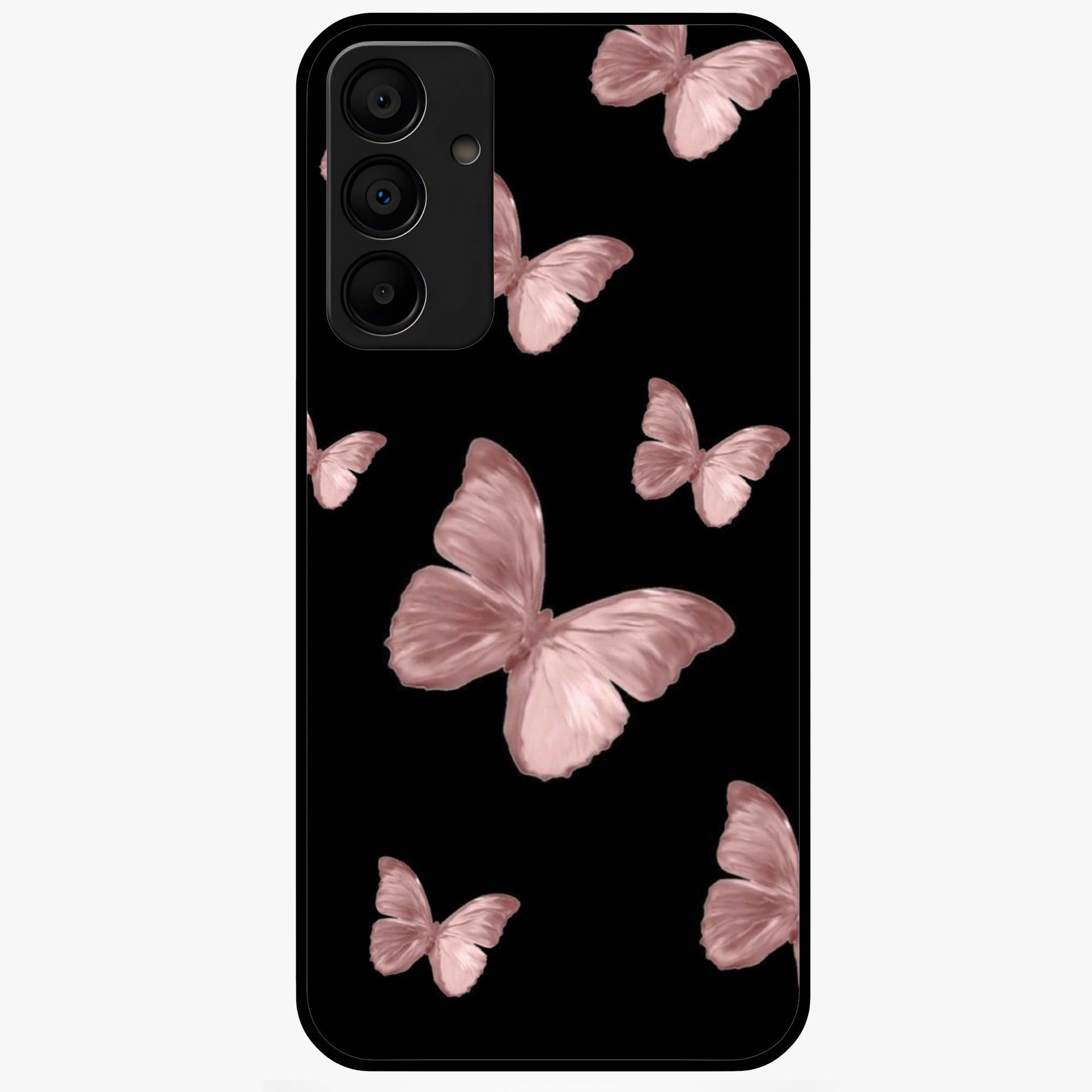 Butterfly Pattern Glass Case showing flat back view with elegant butterfly pattern artwork and glossy glass finish.