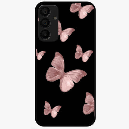 Butterfly Pattern Glass Case showing flat back view with elegant butterfly pattern artwork and glossy glass finish.