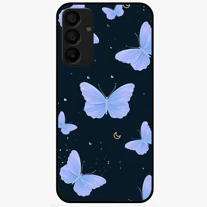 Butterfly With Stars Pattern Glass Case showing flat back view with butterfly and star pattern artwork and glossy glass finish.