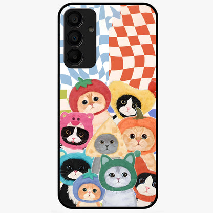 Cats in Fruits Glass Case showing flat back view with playful cat illustrations inside fruit artwork and glossy glass finish.