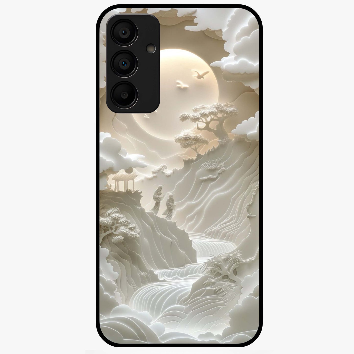 Celestial Origami Glass Case showing flat back view with artistic origami inspired celestial artwork and glossy glass finish.