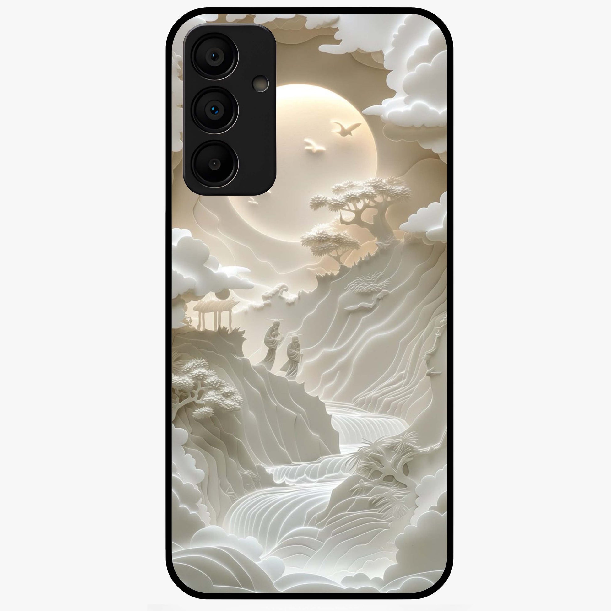 Celestial Origami Glass Case showing flat back view with artistic origami inspired celestial artwork and glossy glass finish.