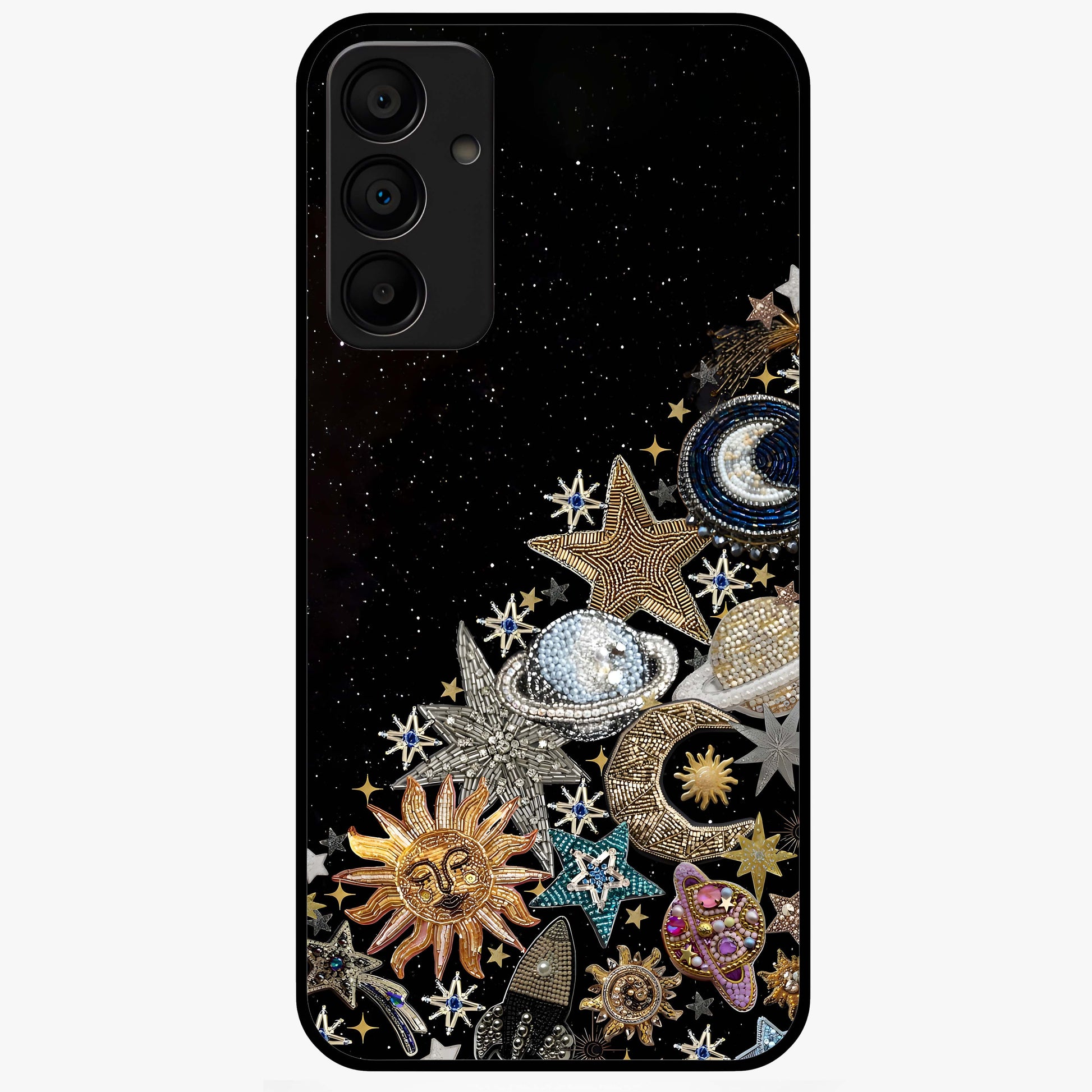 Cosmic Sparkle Dreams Glass Case showing flat back view with sparkling cosmic artwork and glossy glass finish.