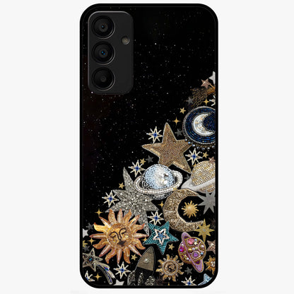 Cosmic Sparkle Dreams Glass Case showing flat back view with sparkling cosmic artwork and glossy glass finish.