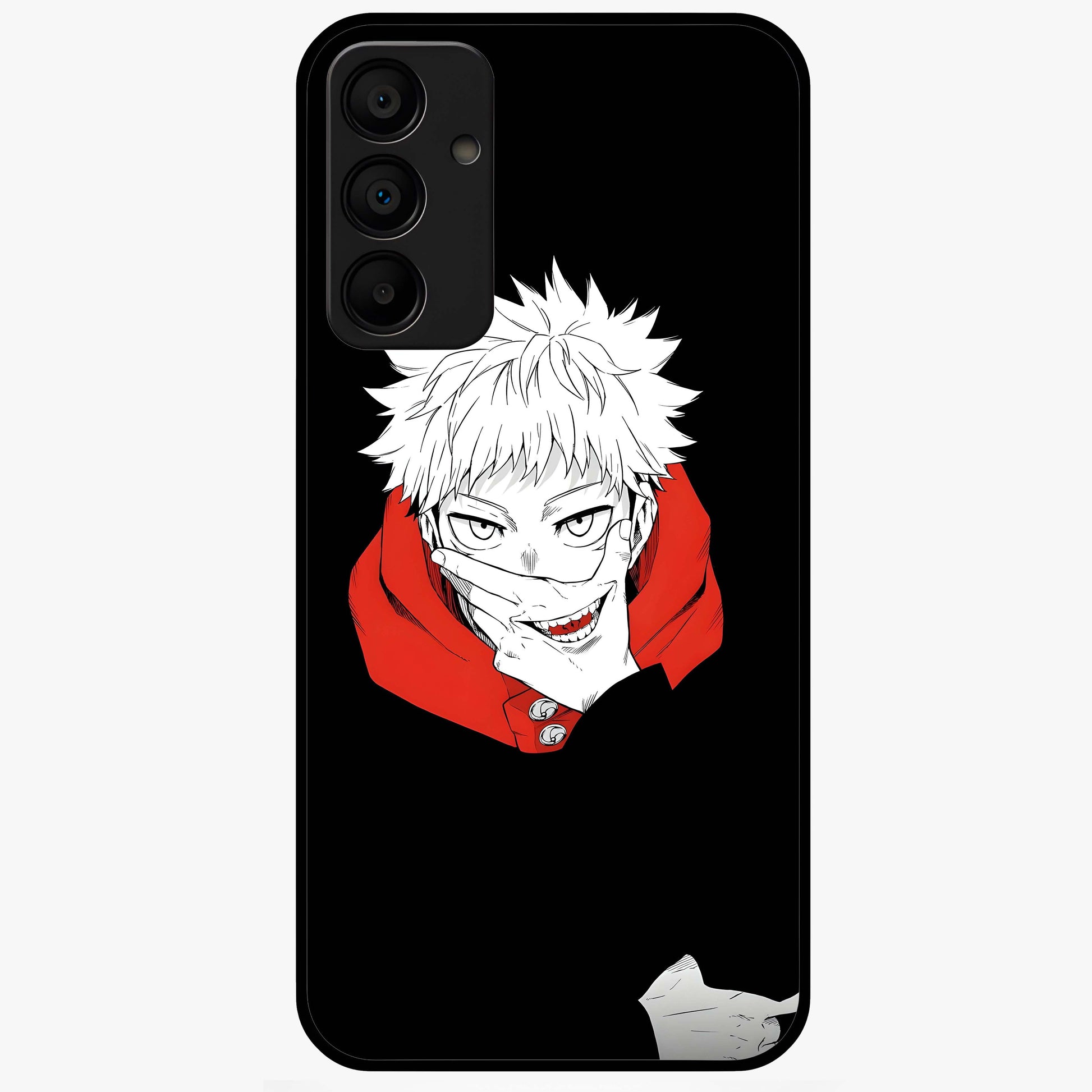 Crimson Chaos Smile Glass Case showing flat back view with bold chaotic smile artwork and glossy glass finish.