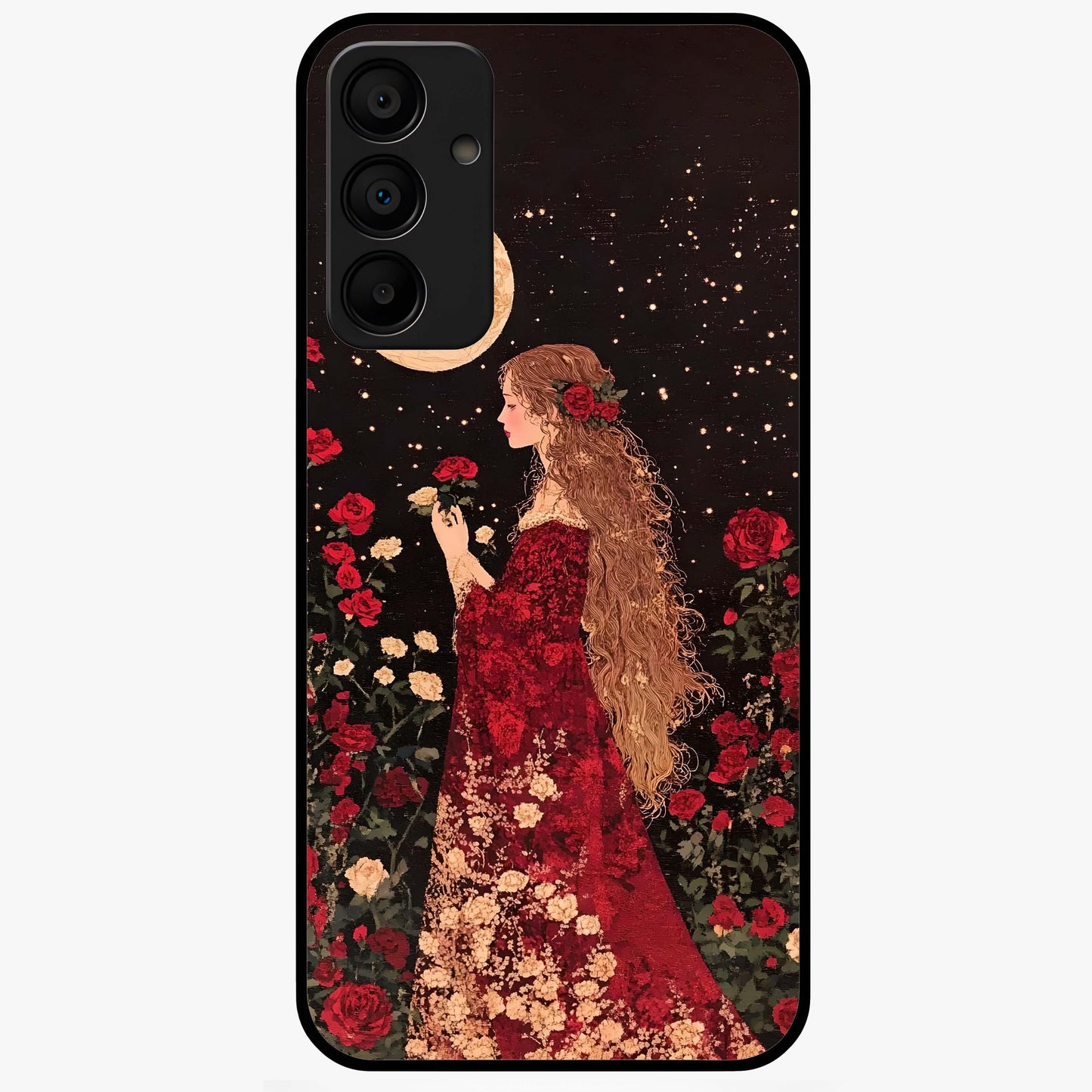 Crimson Dreams Glass Case showing flat back view with dreamy crimson artwork and glossy glass finish.