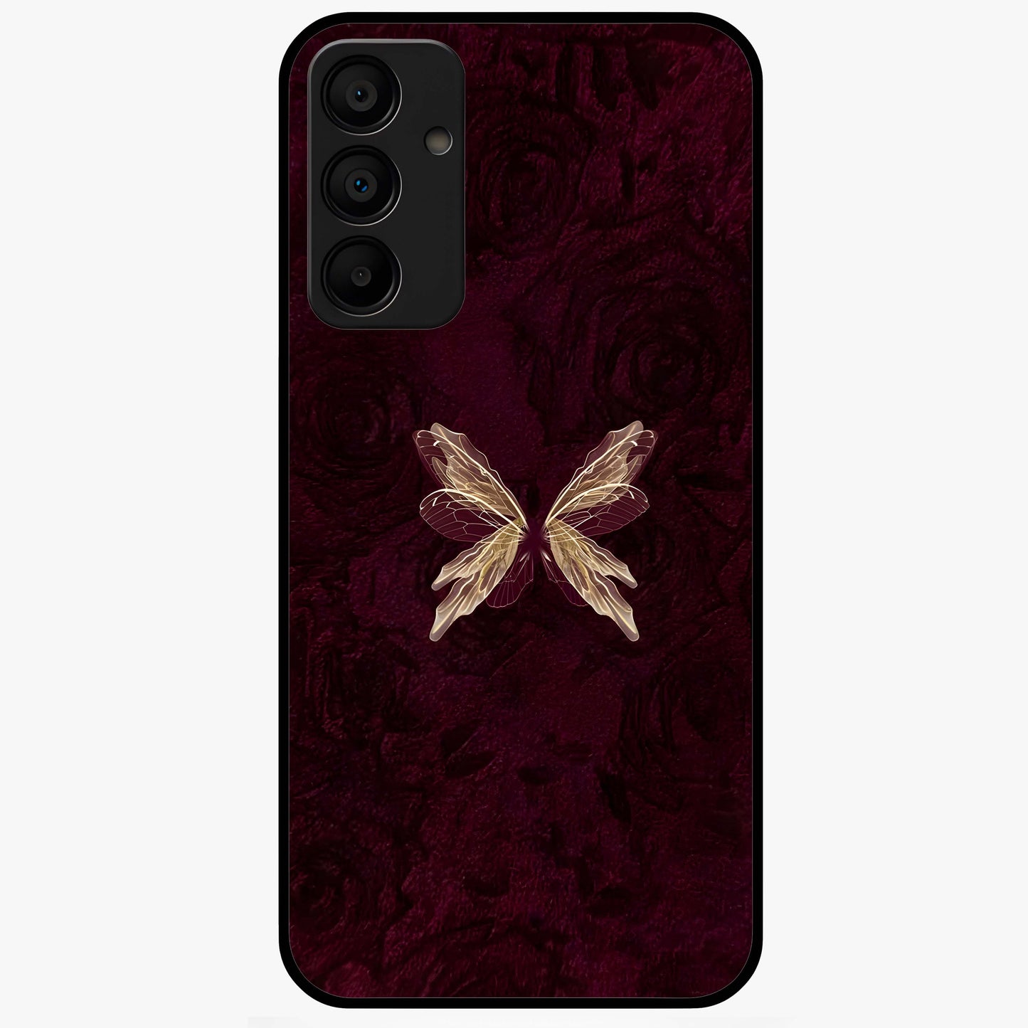 Crimson Fade Butterfly Glass Case showing flat back view with fading butterfly artwork and glossy glass finish.