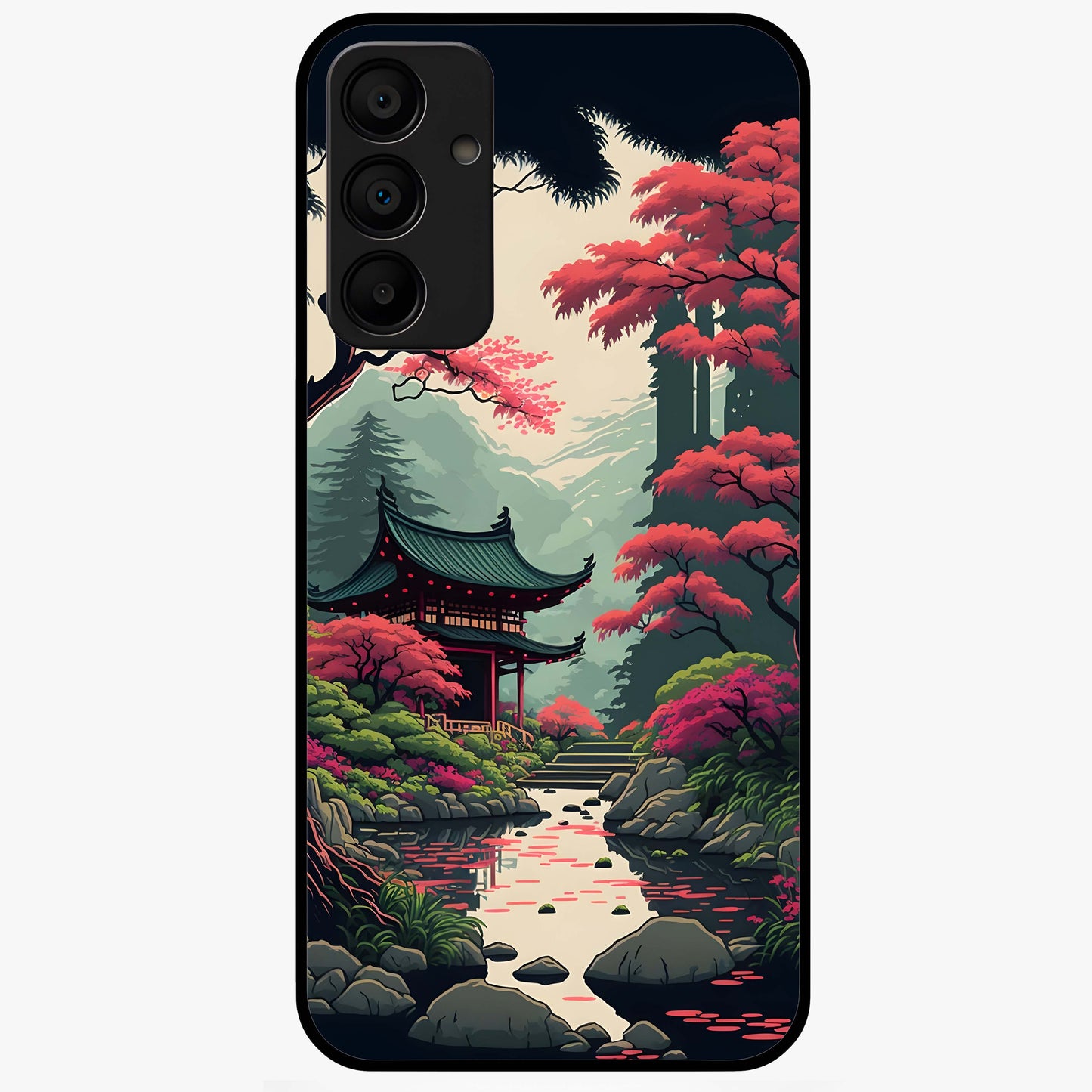 Crimson Temple View Glass Case showing flat back view with temple inspired artwork and glossy glass finish.