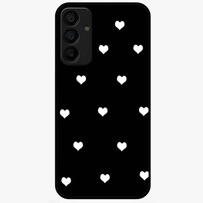 Cute And Simple White Hearts Glass Case showing flat back view with minimal white heart pattern and glossy glass finish.
