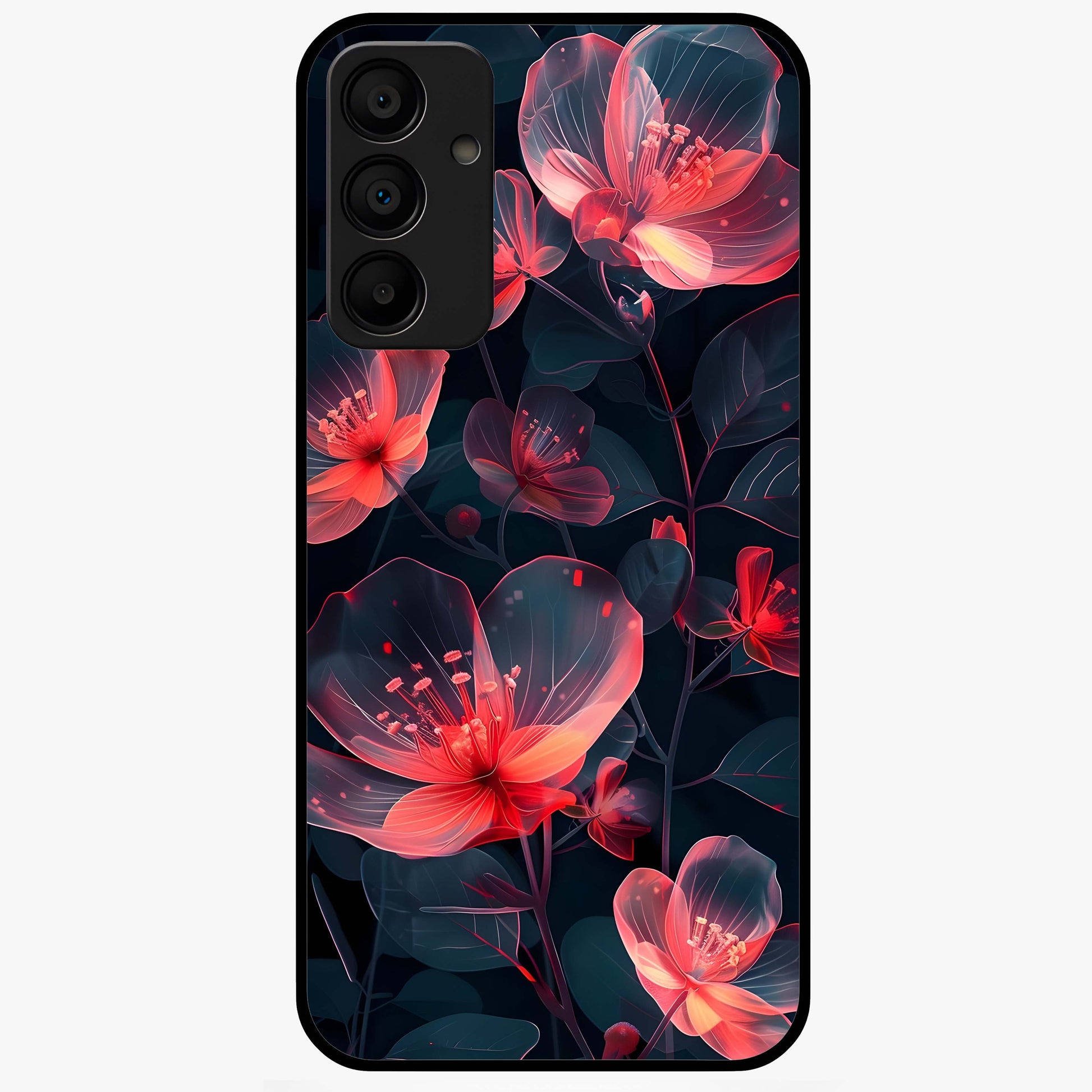 Dark Shade of Flower Glass Case showing flat back view with elegant dark floral artwork and glossy glass finish.