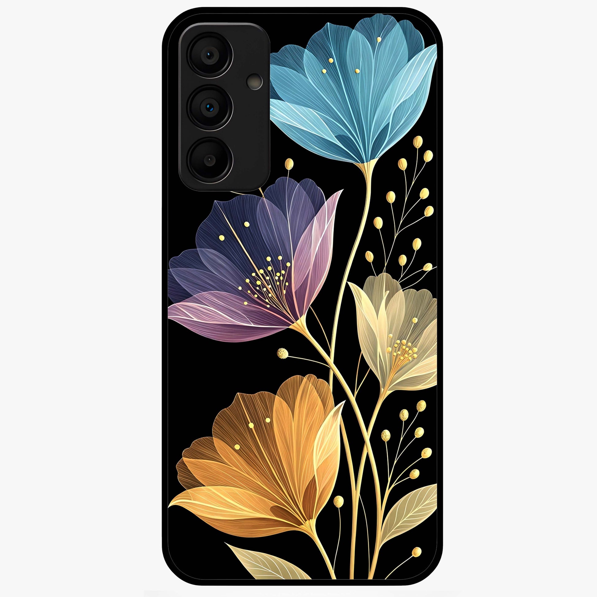 Delicate Multicolor Flowers Glass Case showing flat back view with vibrant floral artwork and glossy glass finish.