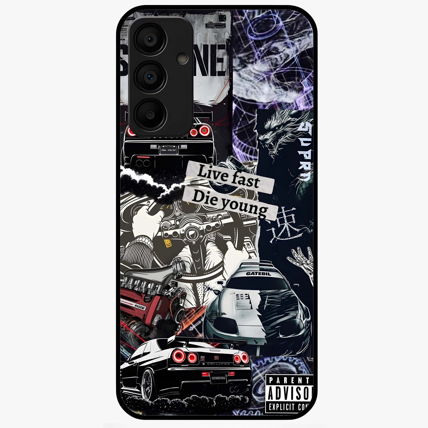 Die Young Glass Case showing flat back view with bold artistic typography design and glossy glass finish.