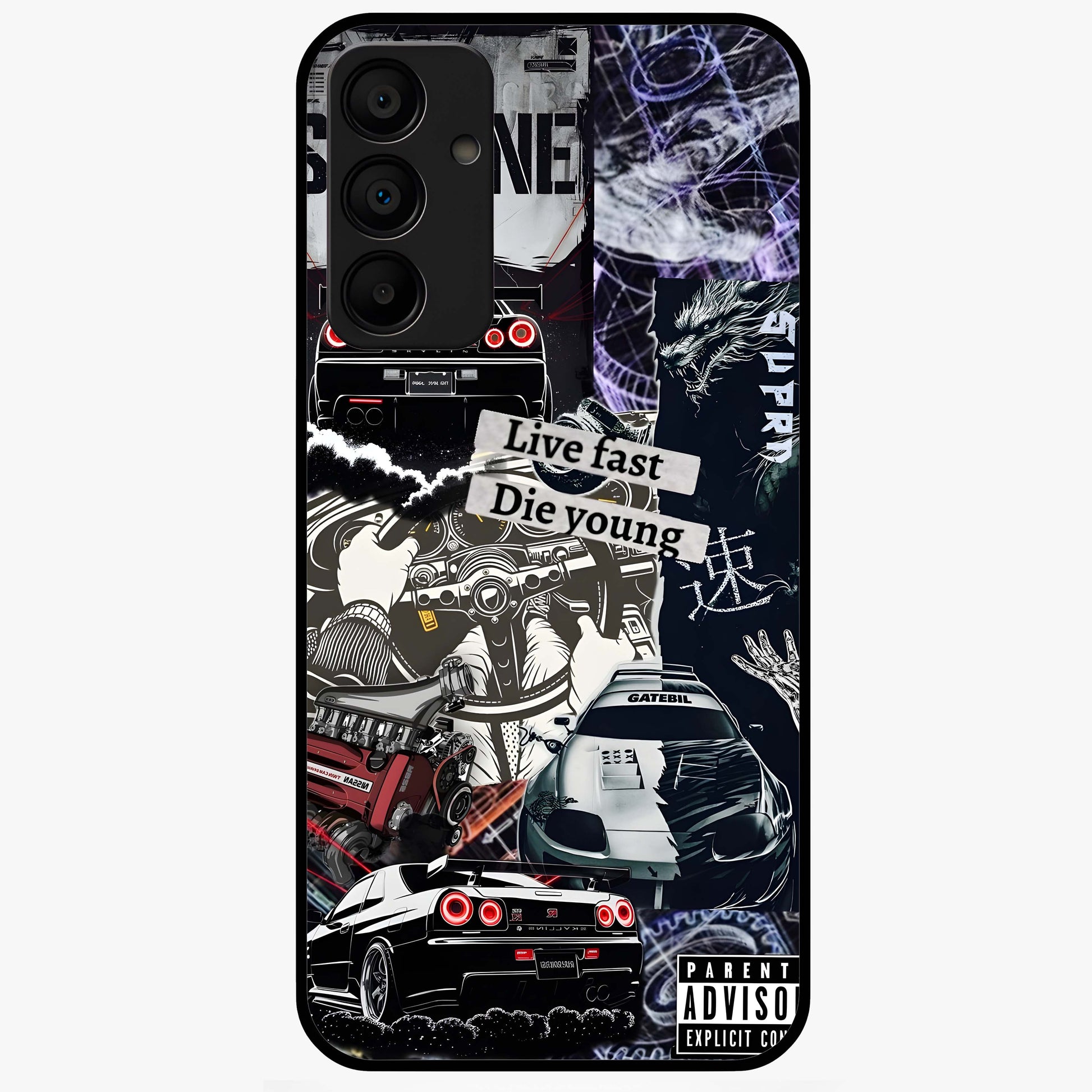 Die Young Glass Case showing flat back view with bold artistic typography design and glossy glass finish.