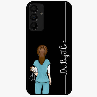 Doctor Pattern Custom Name Glass Case showing flat back view with medical themed pattern and personalized name design.