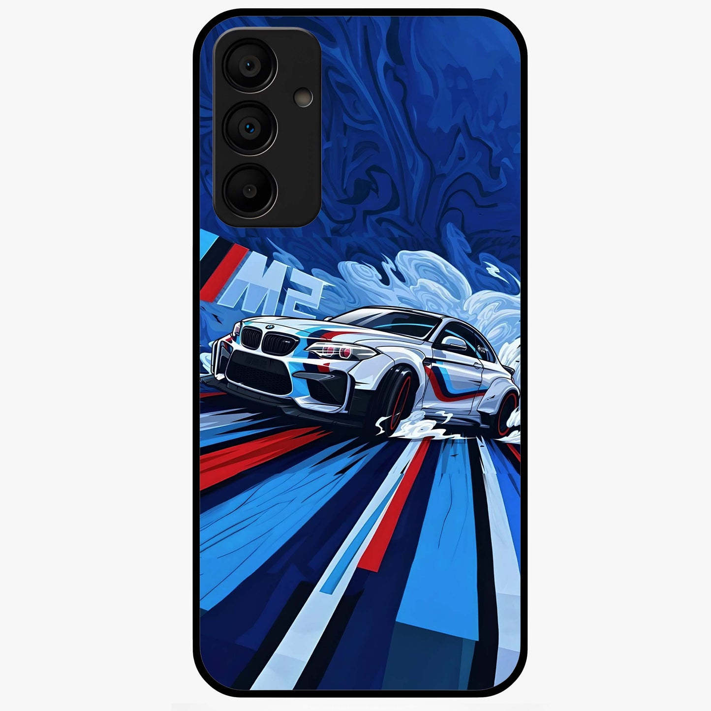 Drift Power Rush Glass Case showing flat back view with dynamic racing inspired artwork and glossy glass finish.