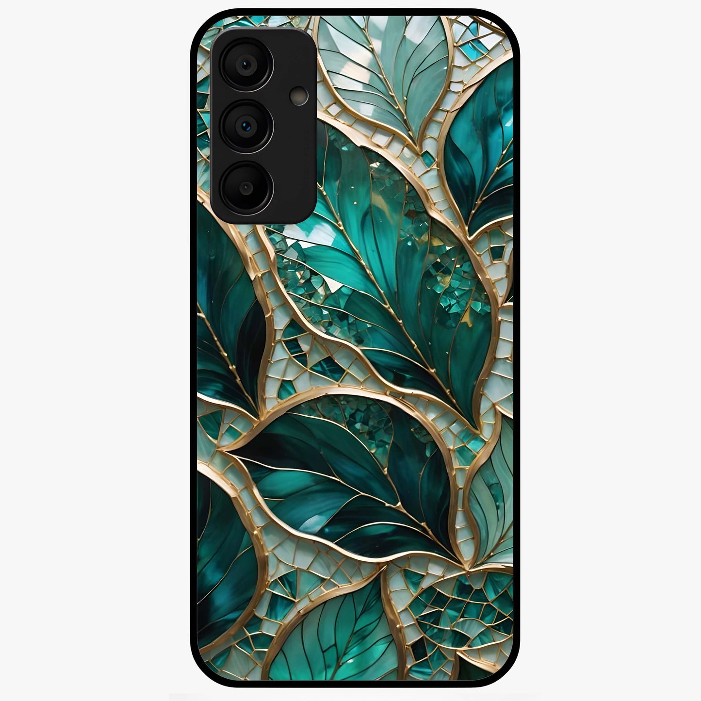 Emerald Leaf Glass Glass Case showing flat back view with emerald green leaf artwork and glossy glass finish.