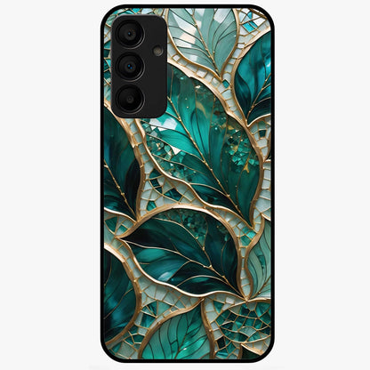 Emerald Leaf Glass Glass Case showing flat back view with emerald green leaf artwork and glossy glass finish.