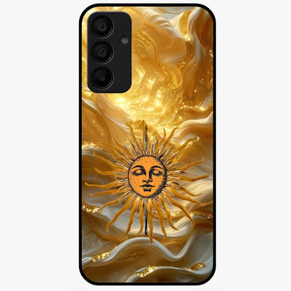 Eternal Golden Glow Glass Case showing flat back view with radiant golden themed artwork and glossy glass finish.