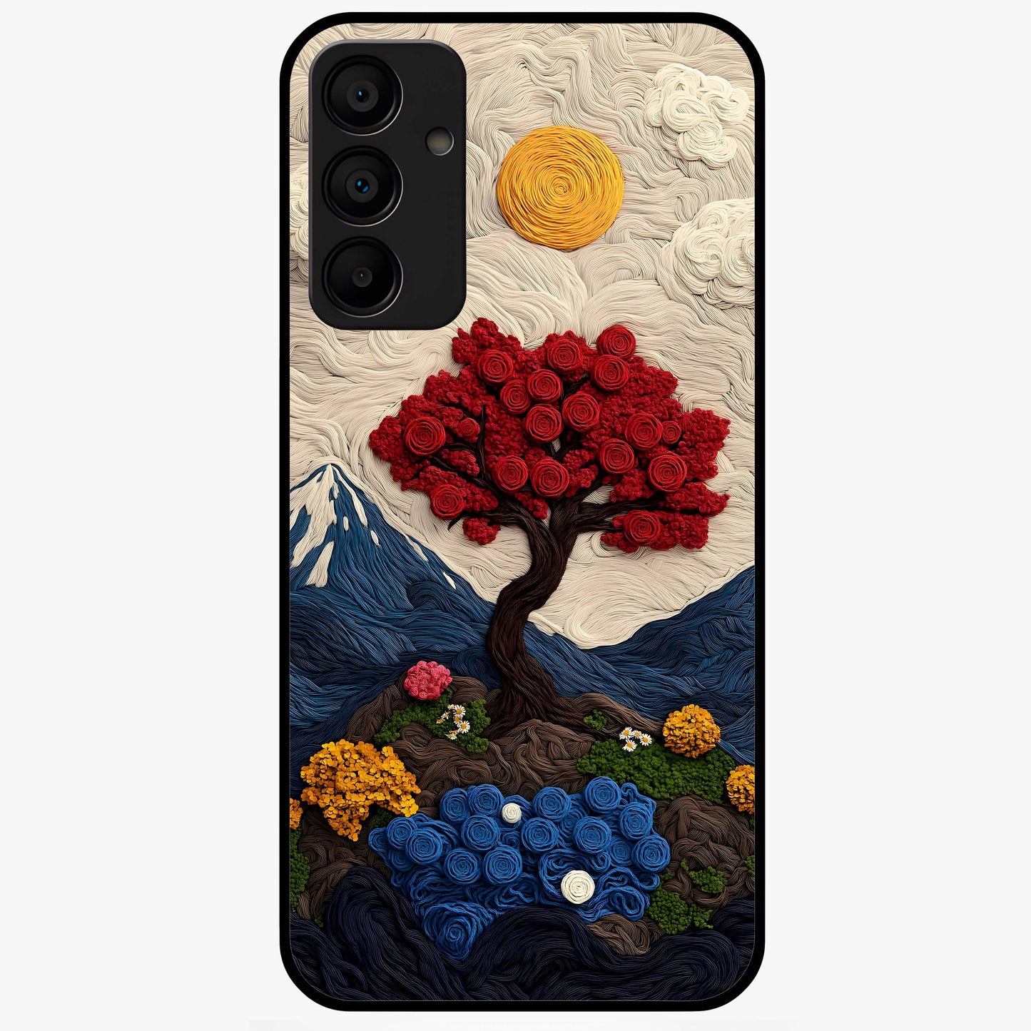 Eternal Nature Tapestry Glass Case showing flat back view with intricate nature tapestry artwork and glossy glass finish.