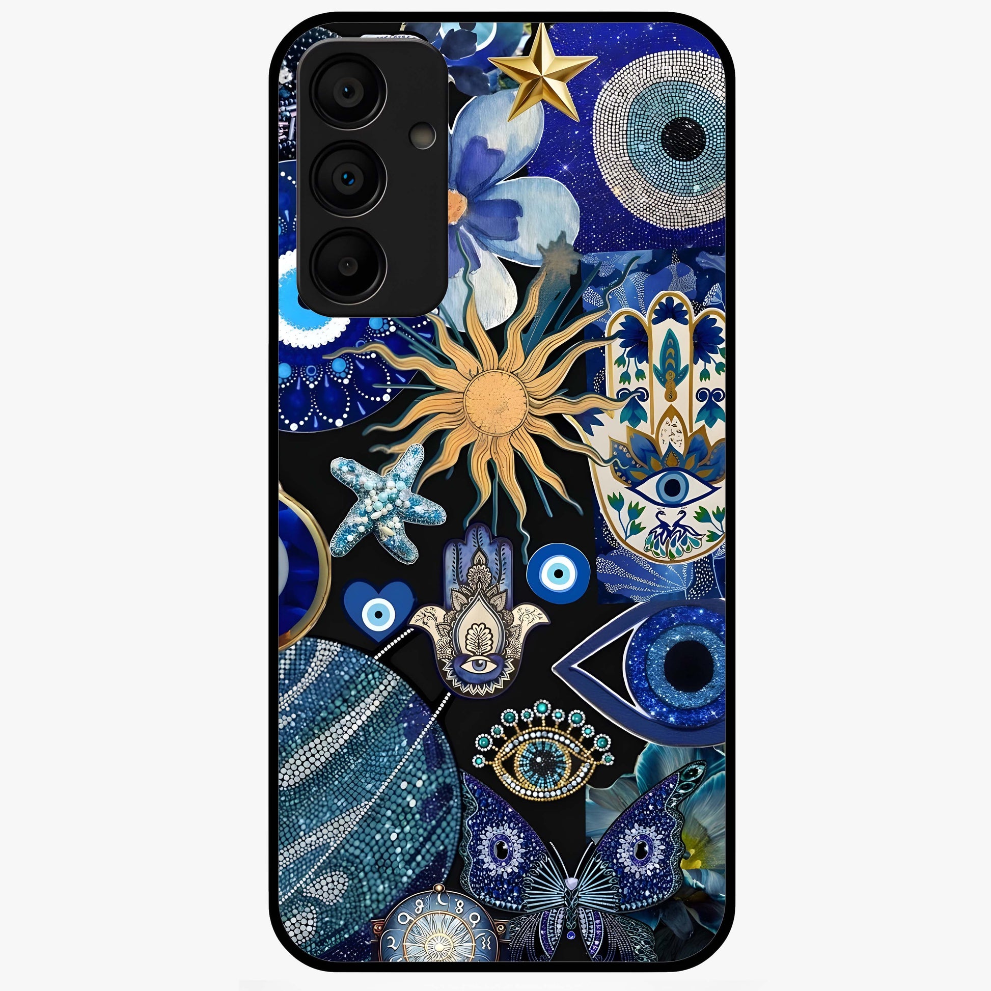 Evil Eye Charm Mix Glass Case showing flat back view with multiple evil eye charms artwork and glossy glass finish.