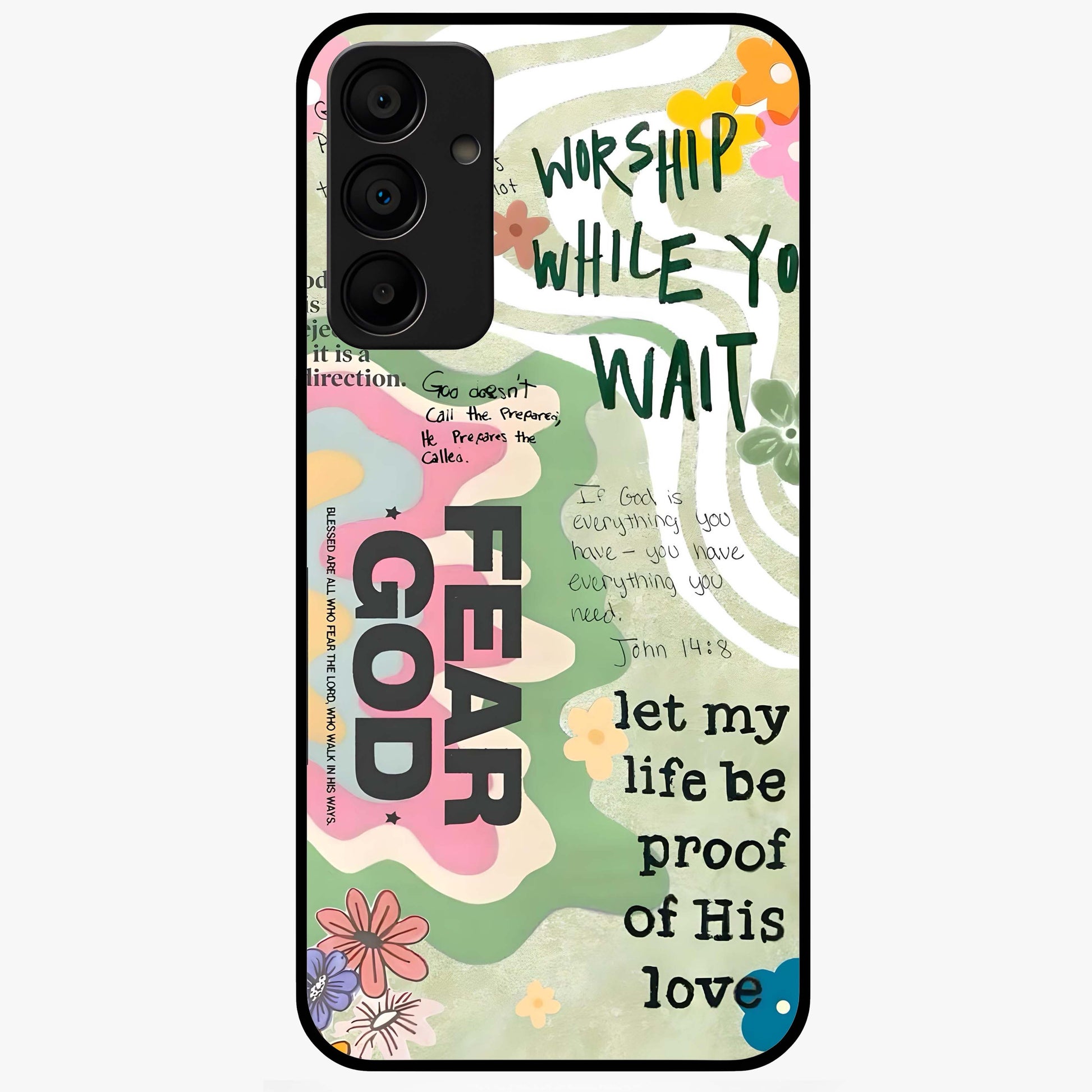 Faith Over Fear Glass Case showing flat back view with motivational typography artwork and glossy glass finish.