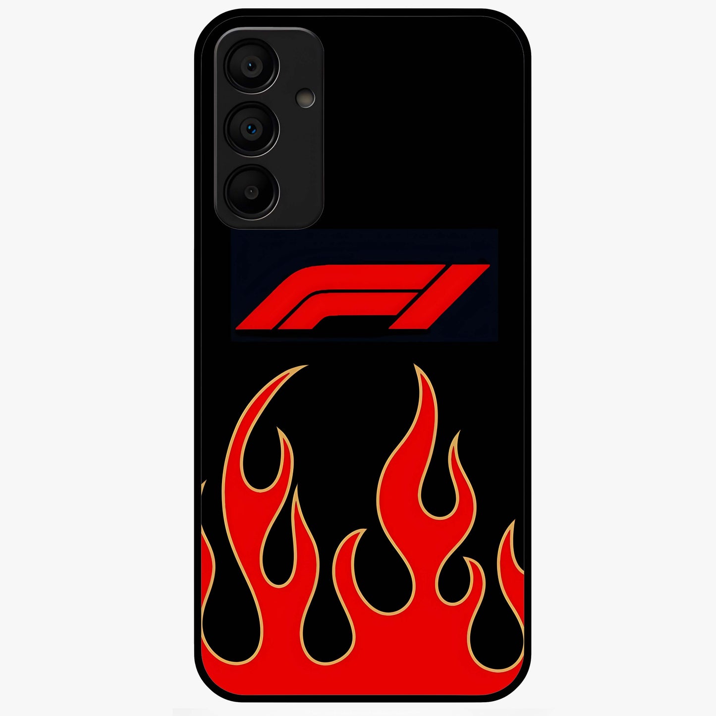 Fire F11 Glass Case showing flat back view with fiery themed artwork and glossy glass finish.