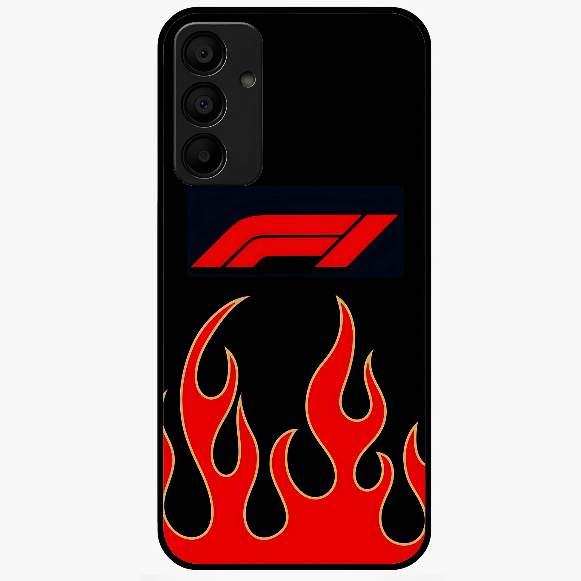 Fire F11 Glass Case showing flat back view with fiery themed artwork and glossy glass finish.