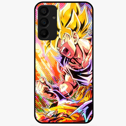 Firing Goku Glass Case showing flat back view with powerful anime inspired artwork and glossy glass finish.